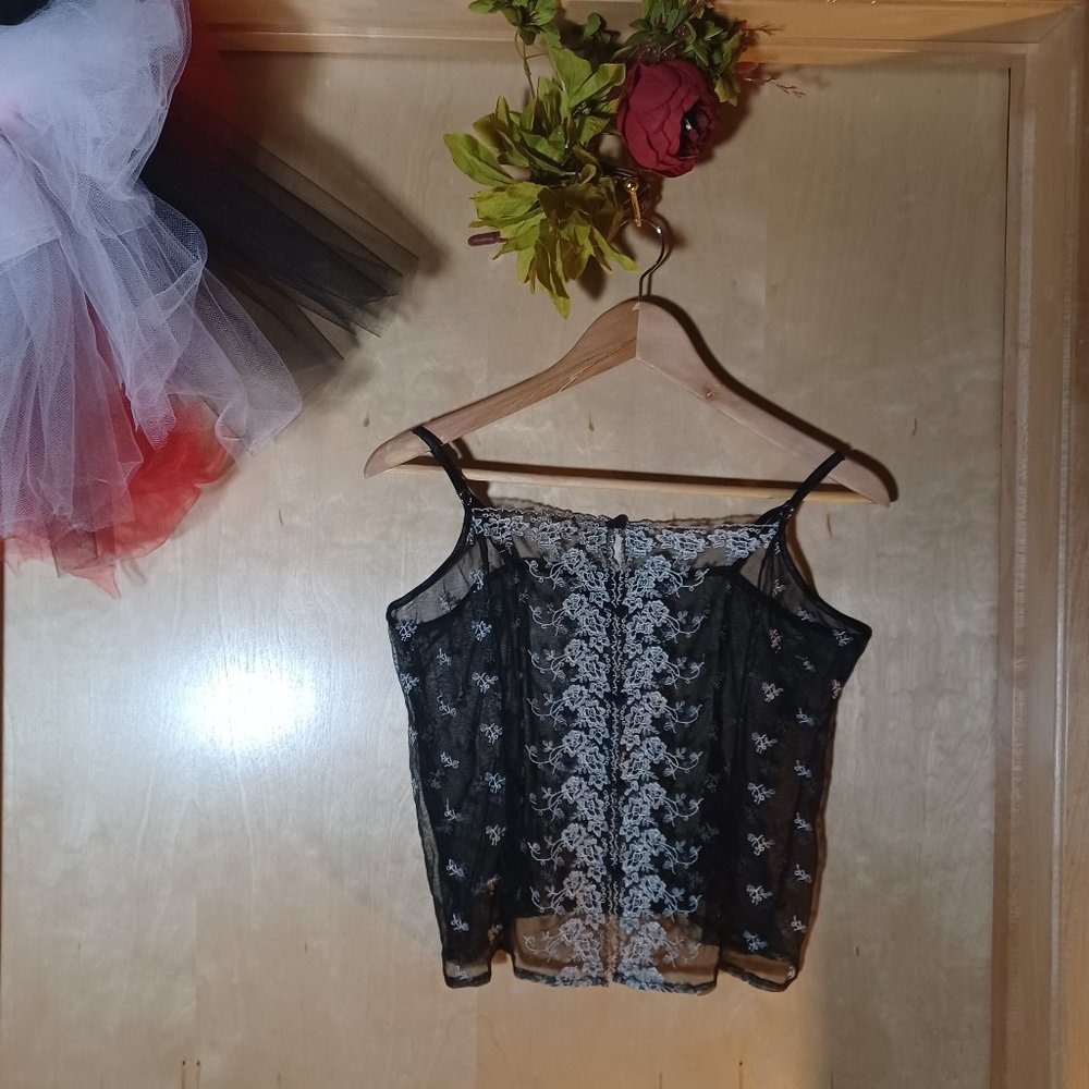 MERCER & MADISON VINTAGE Black Cream Floral Lace 5 Button Camisole Bustier_XL